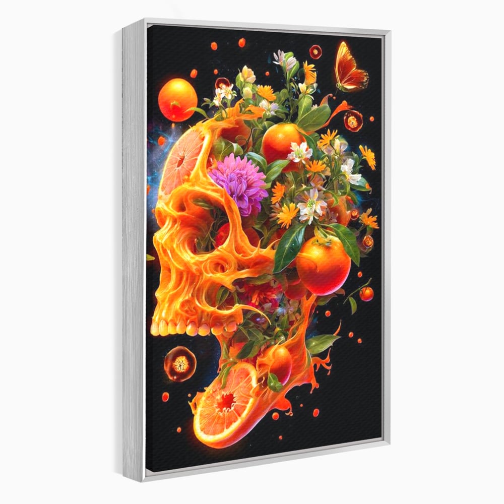 Tablou canvas cu tablou canvas cu craniu din portocale, in rama de aluminiu argintiu